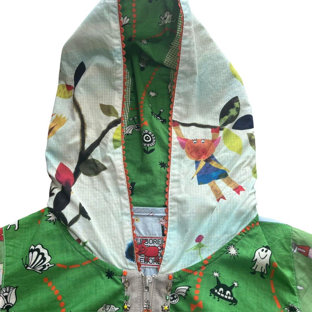 美品 アルベロベロ ぶたさん パーカー ブルゾン ビジュー　異素材 綿麻 七分袖