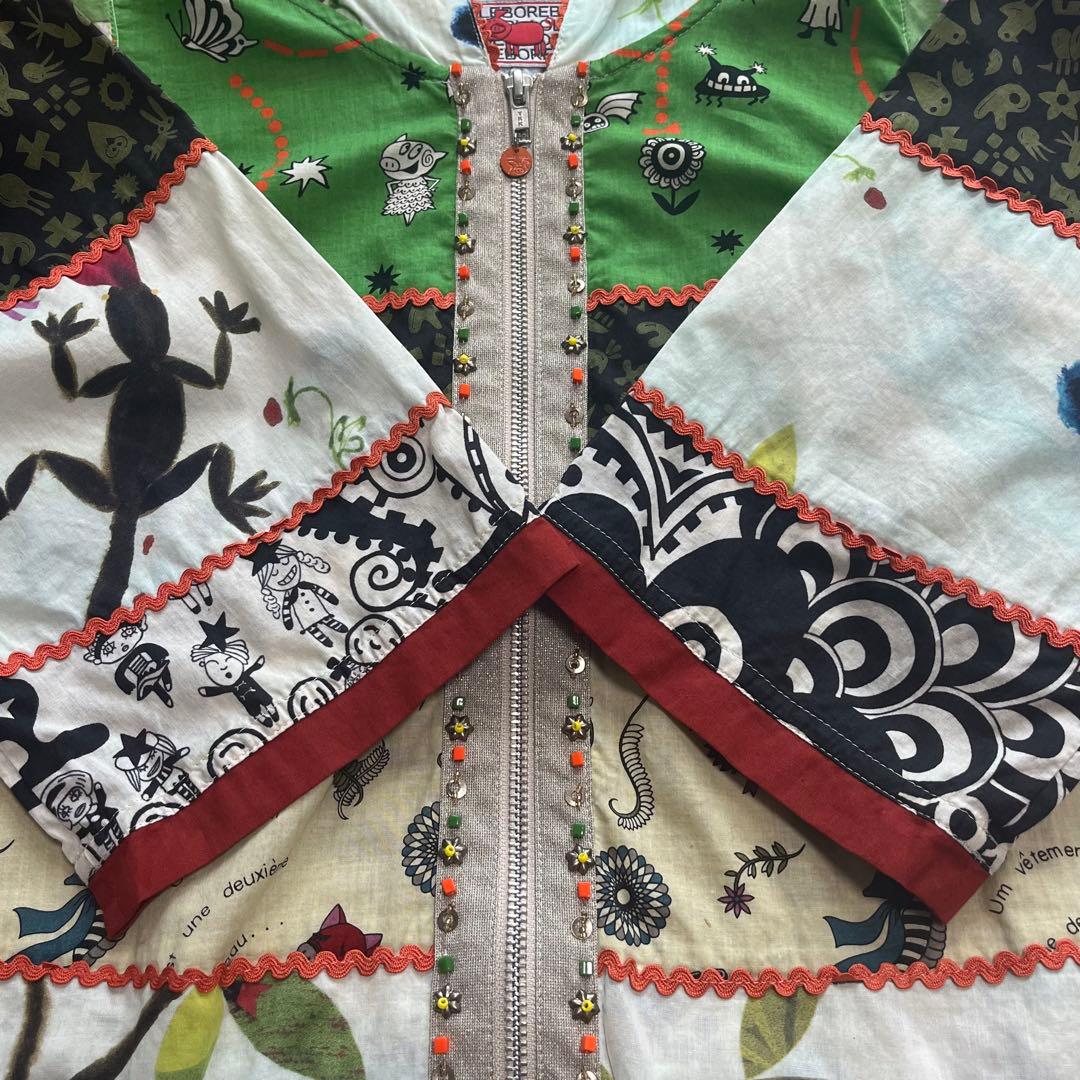 美品 アルベロベロ ぶたさん パーカー ブルゾン ビジュー　異素材 綿麻 七分袖