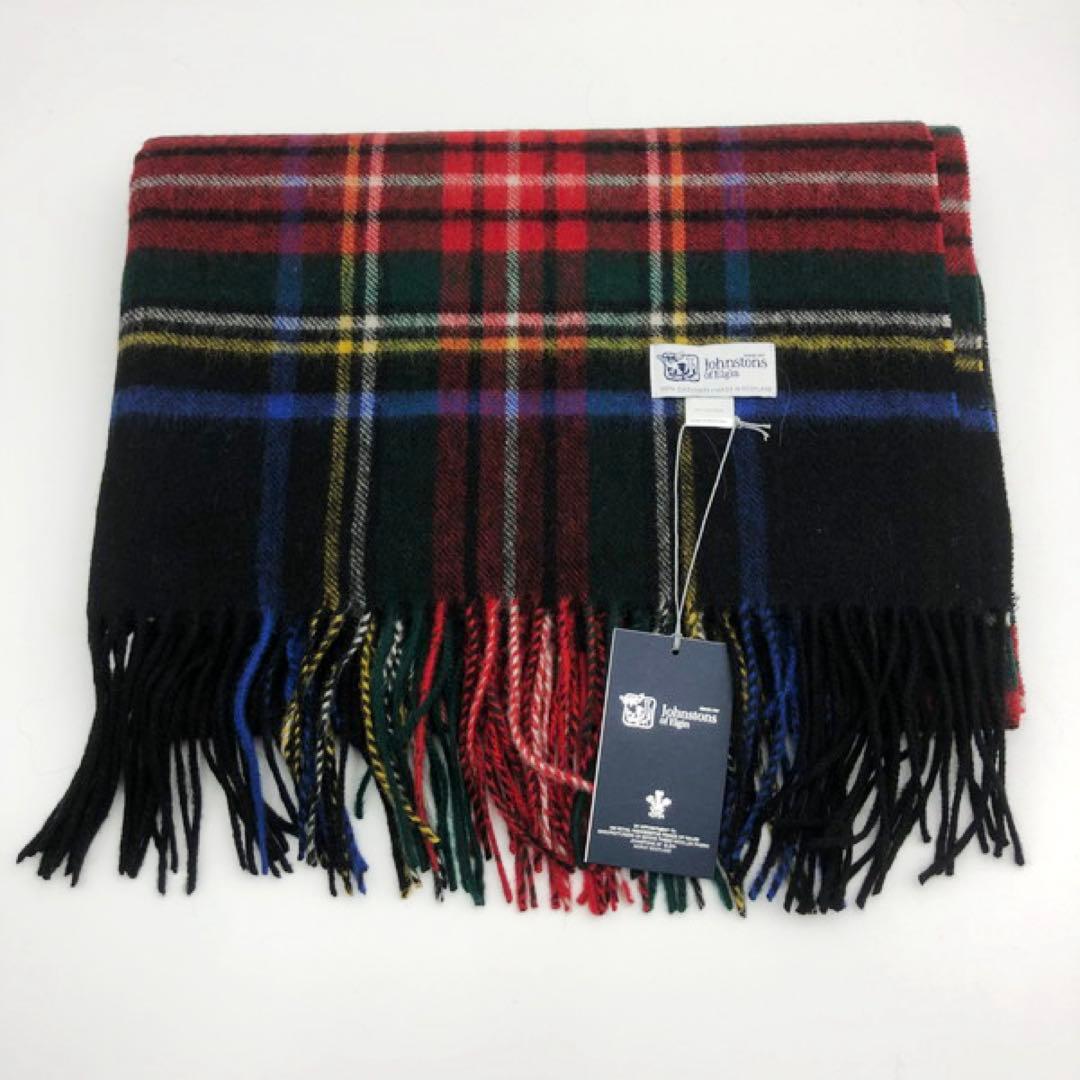 ジョンストンズ　大判　マフラー　スカーフ　ブラックスチュワート　タータンチェック