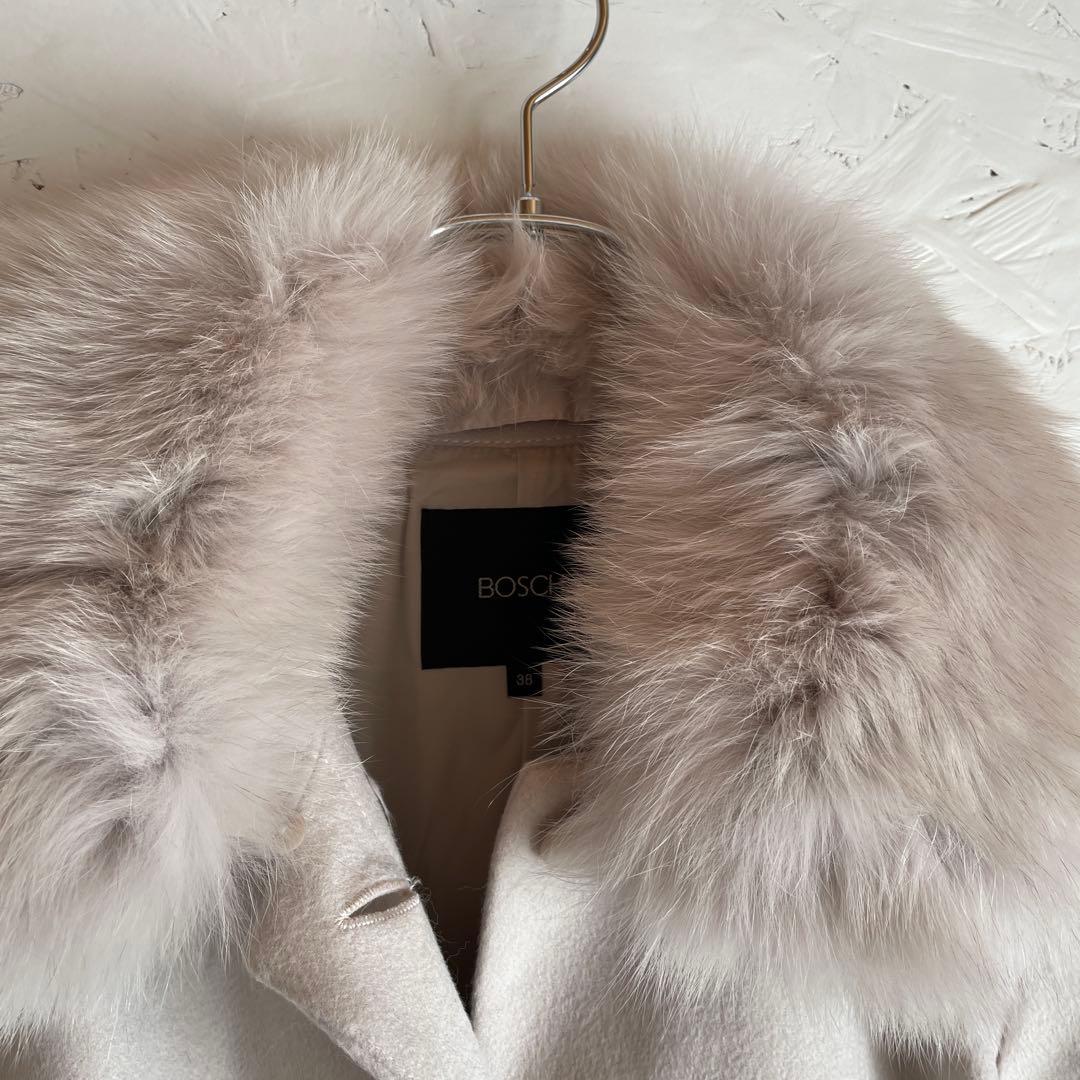 新品未使用タグ付　カシミヤ混【BOSCH】フォックスファー付きロングコート　38