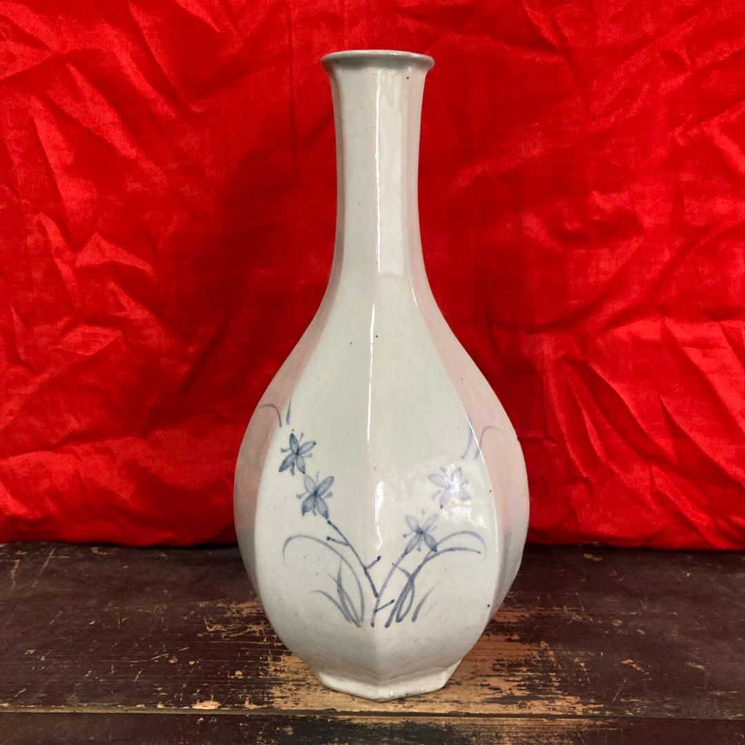 李朝　染付　面取瓶　徳利　秋草文