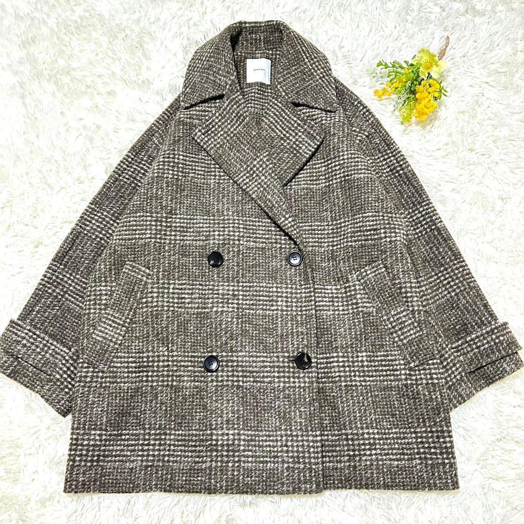 スピックアンドスパン　Wスライバーチェックハーフコート　36 ブラウン　23AW