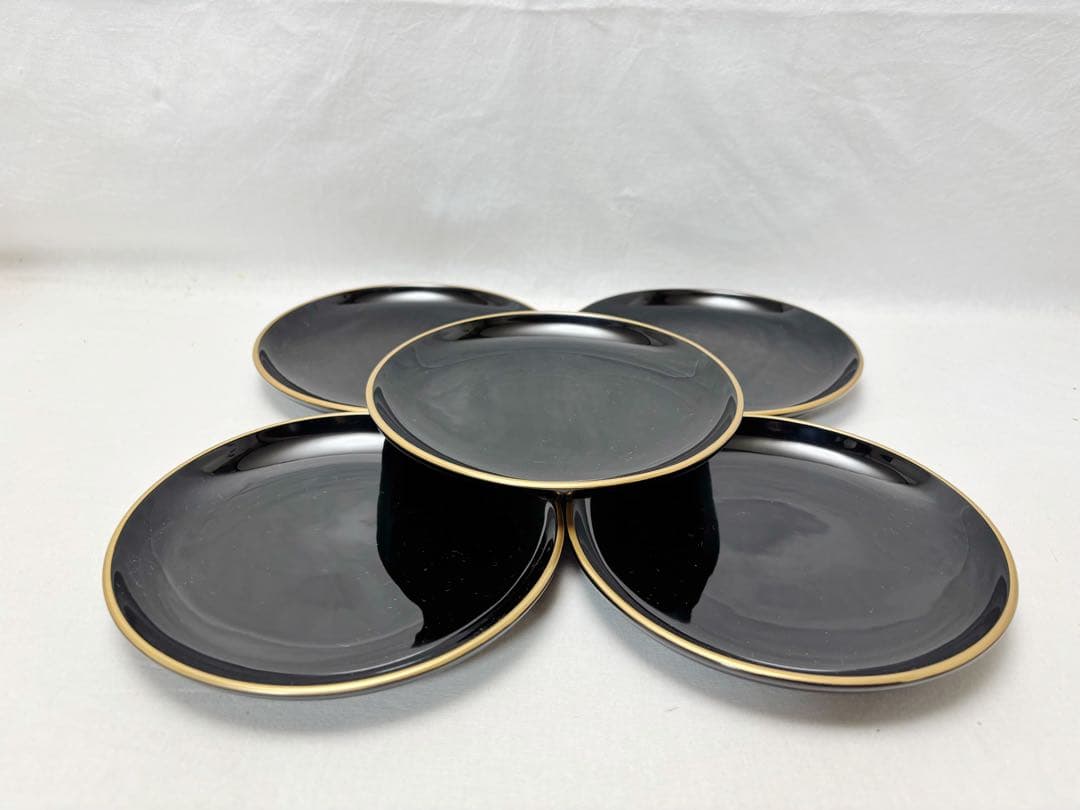 未使用 茶道具 龍作 輪島塗 天然木製 渕金呂色 銘々皿5客揃 茶器 栞 共箱