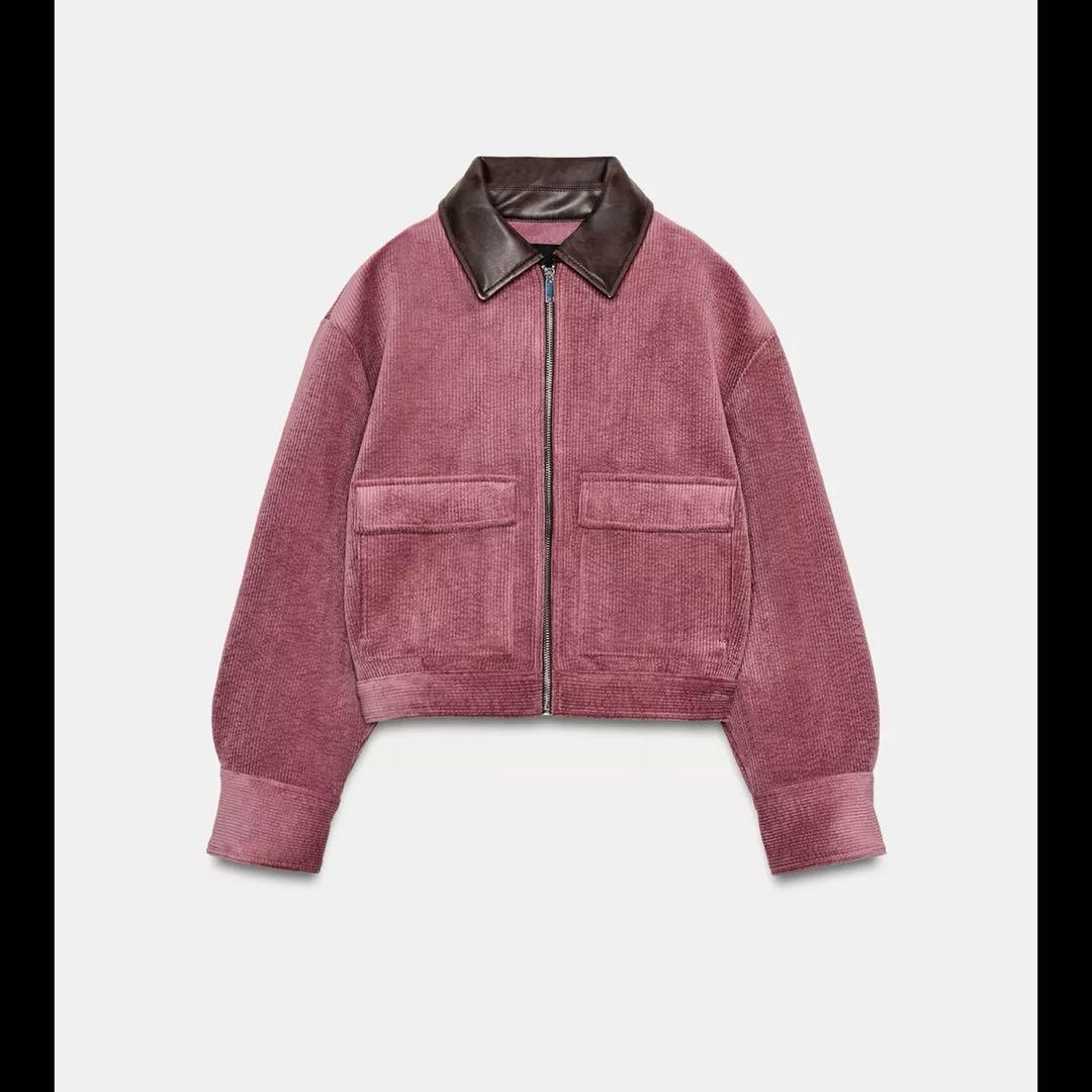 ZARA コーデュロイ フェイクレザー襟ジャケット マルサラ M