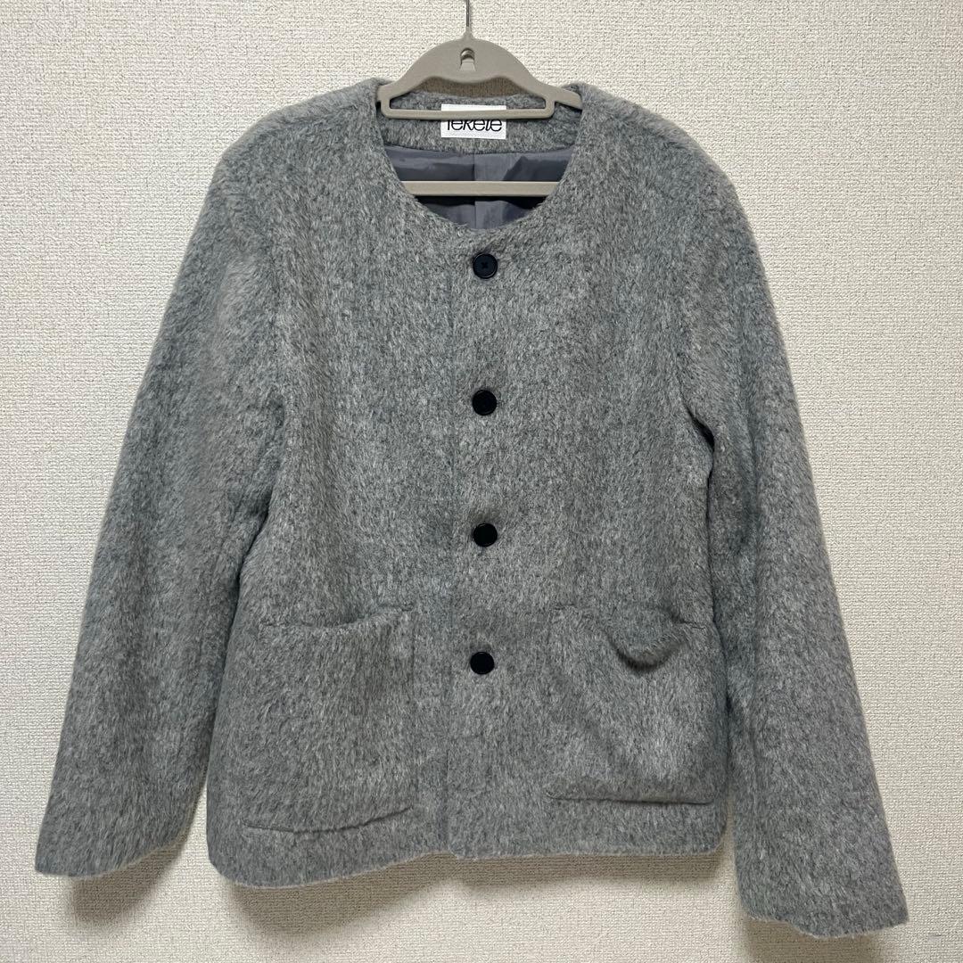 Fekete ノーカラーウールシャギージャケット Mサイズ　グレー