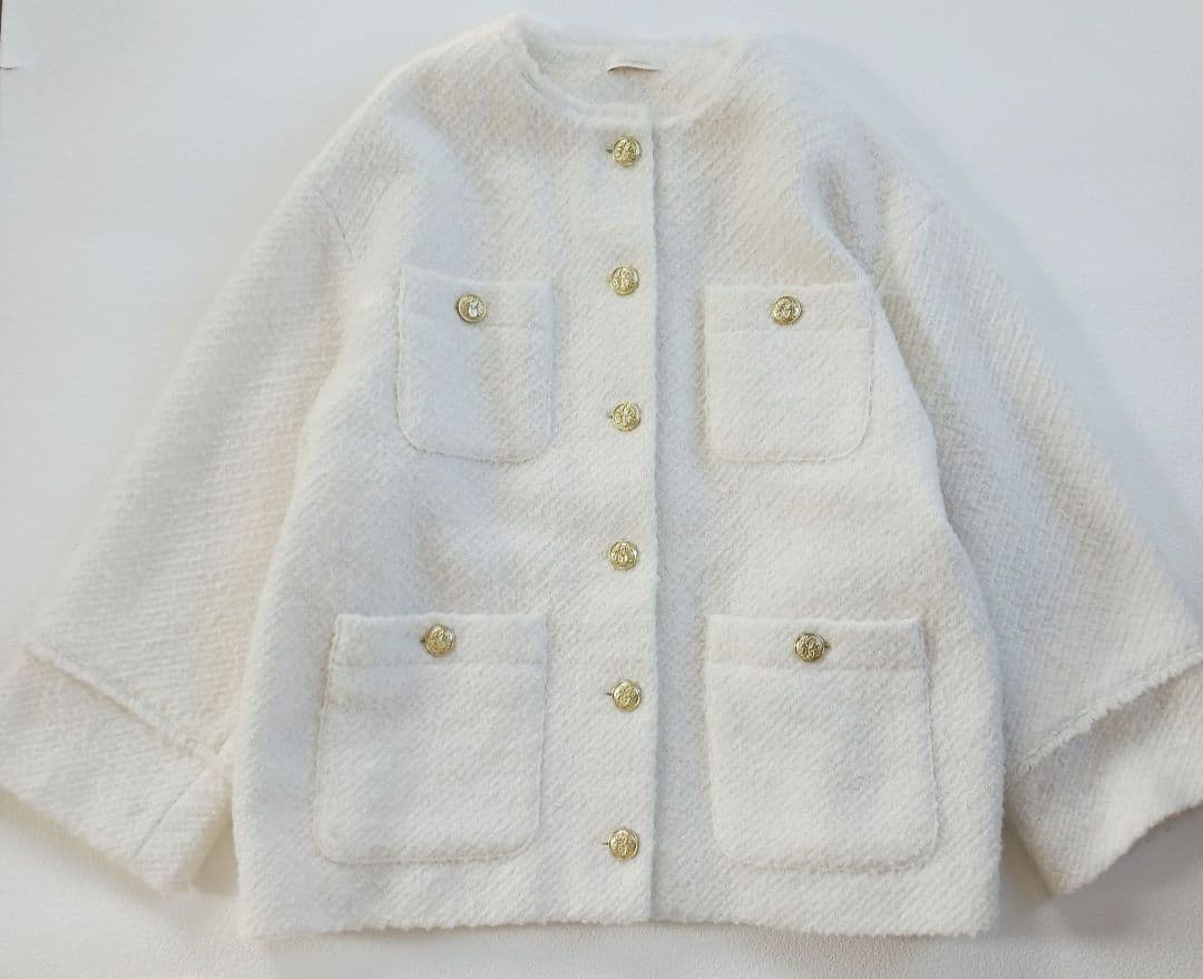 ラウンジドレス　ツイードノーカラージャケット　フリンジ　金ボタン　オーバーサイズ