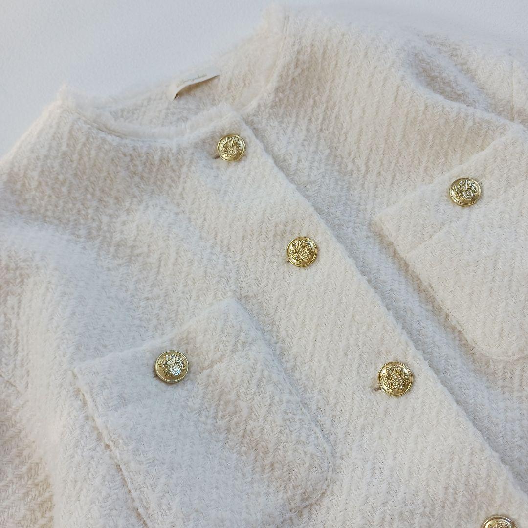 ラウンジドレス　ツイードノーカラージャケット　フリンジ　金ボタン　オーバーサイズ