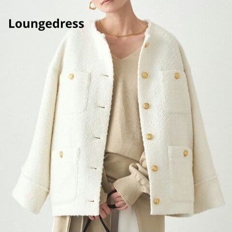 ラウンジドレス　ツイードノーカラージャケット　フリンジ　金ボタン　オーバーサイズ