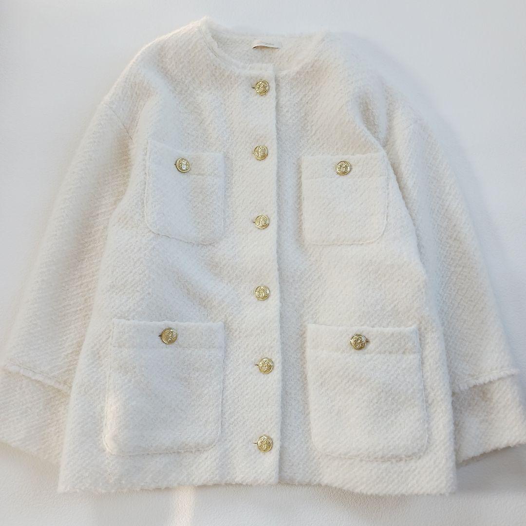 ラウンジドレス　ツイードノーカラージャケット　フリンジ　金ボタン　オーバーサイズ