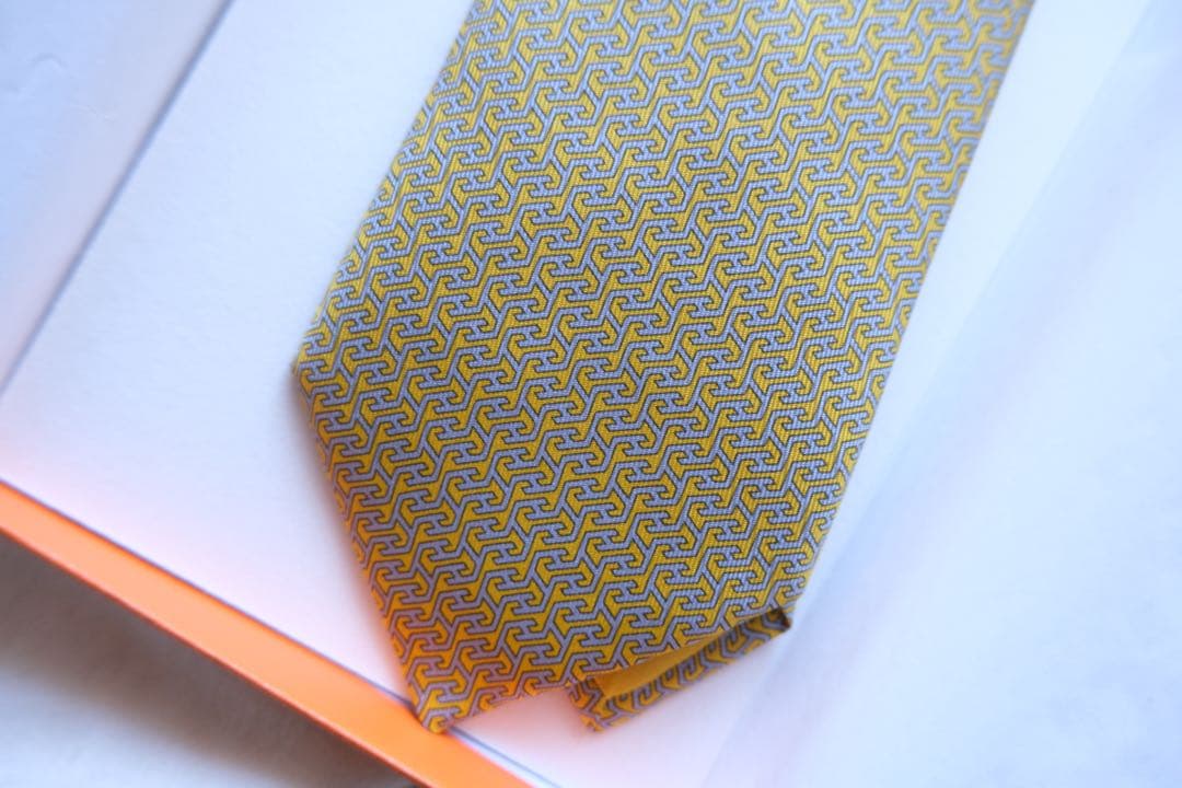 新品未使用HERMES シルク ネクタイ イエロー ブルー