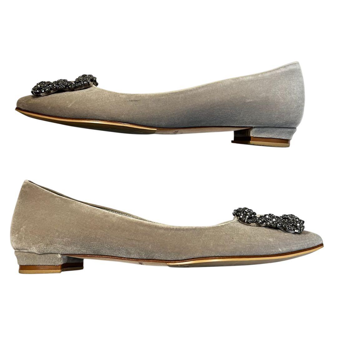 【美品】MANOLO BLAHNIK ハンギシ 35 グレー フラットシューズ