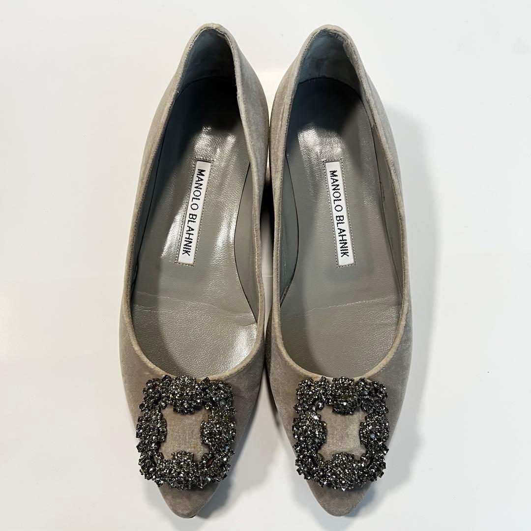 【美品】MANOLO BLAHNIK ハンギシ 35 グレー フラットシューズ