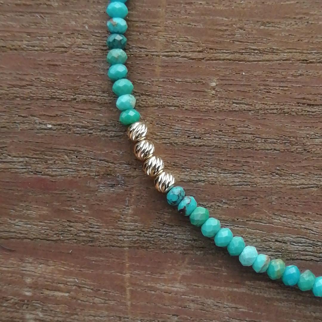 天然ターコイズ＆K18　グリッタービーズ　アンクレットA / 18金 ゴールド