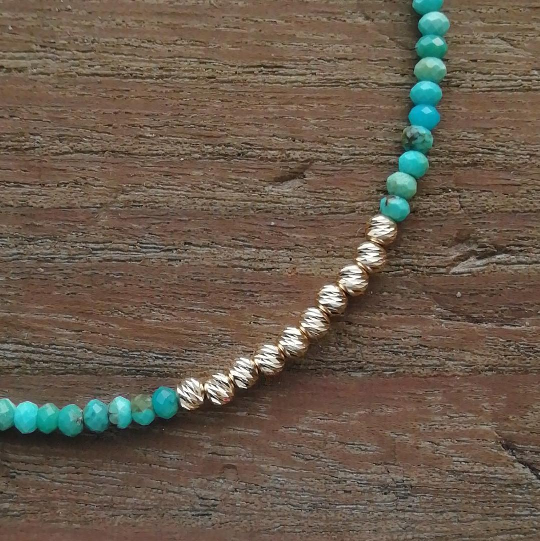 天然ターコイズ＆K18　グリッタービーズ　アンクレットA / 18金 ゴールド