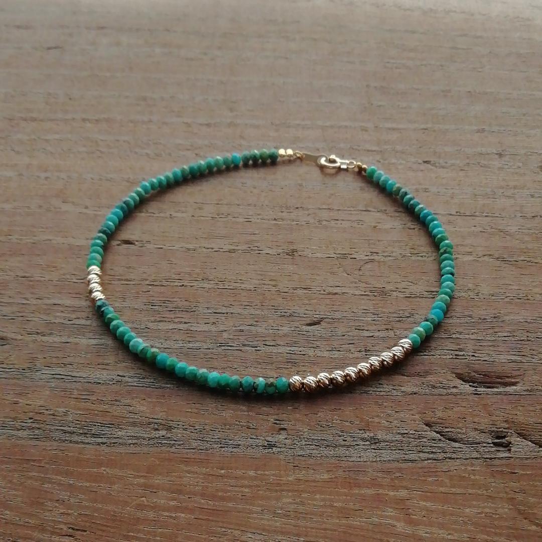 天然ターコイズ＆K18　グリッタービーズ　アンクレットA / 18金 ゴールド
