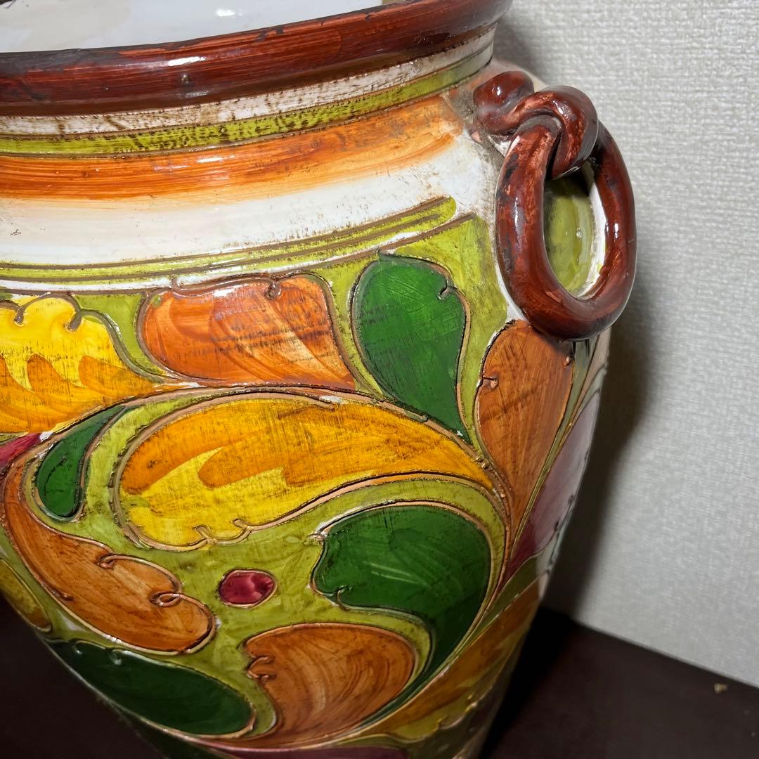 イタリア 傘立て 手彫り　テラコッタ　手描き アンティーク