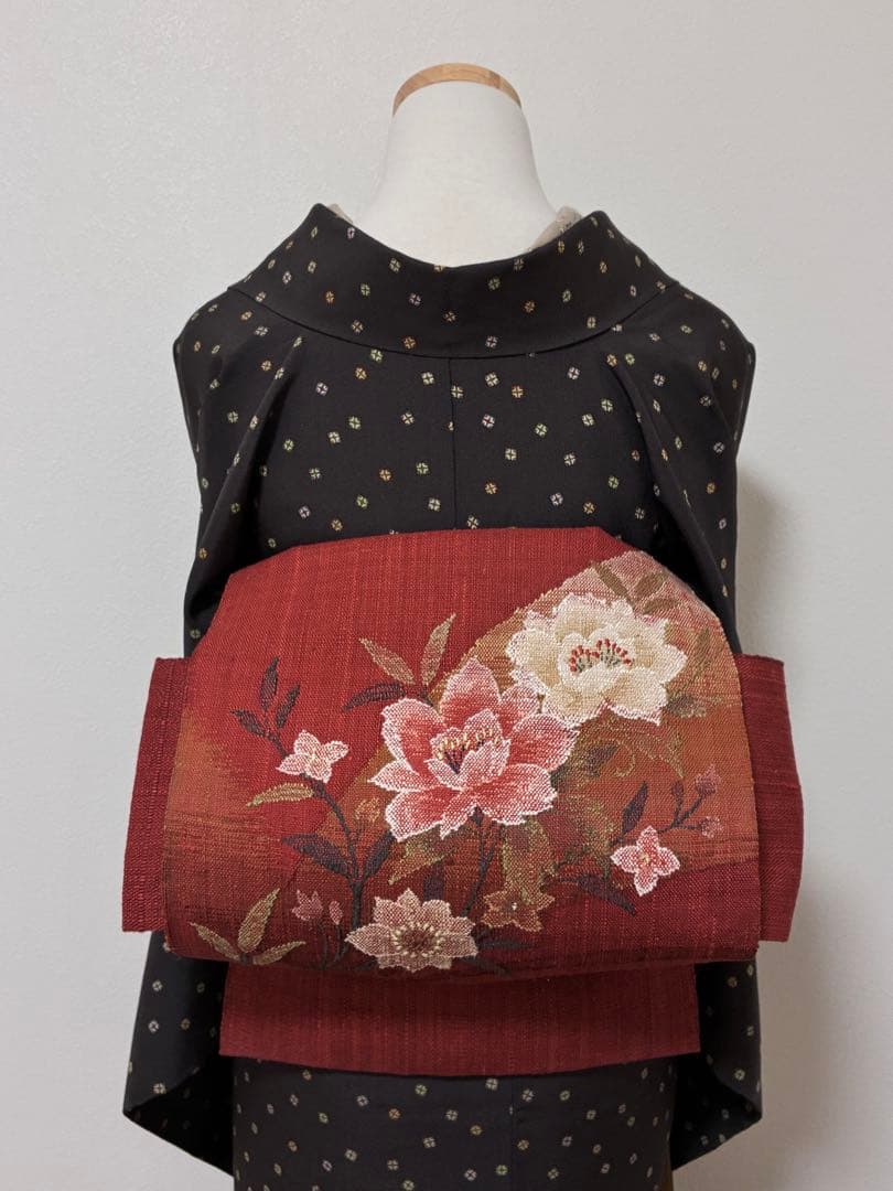 名古屋帯　渡文　花模様　真綿紬　八寸　正絹