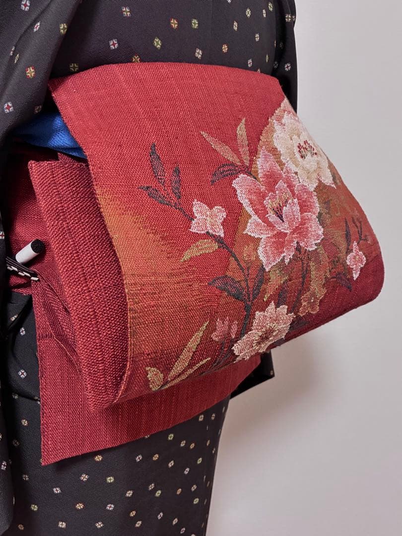 名古屋帯　渡文　花模様　真綿紬　八寸　正絹