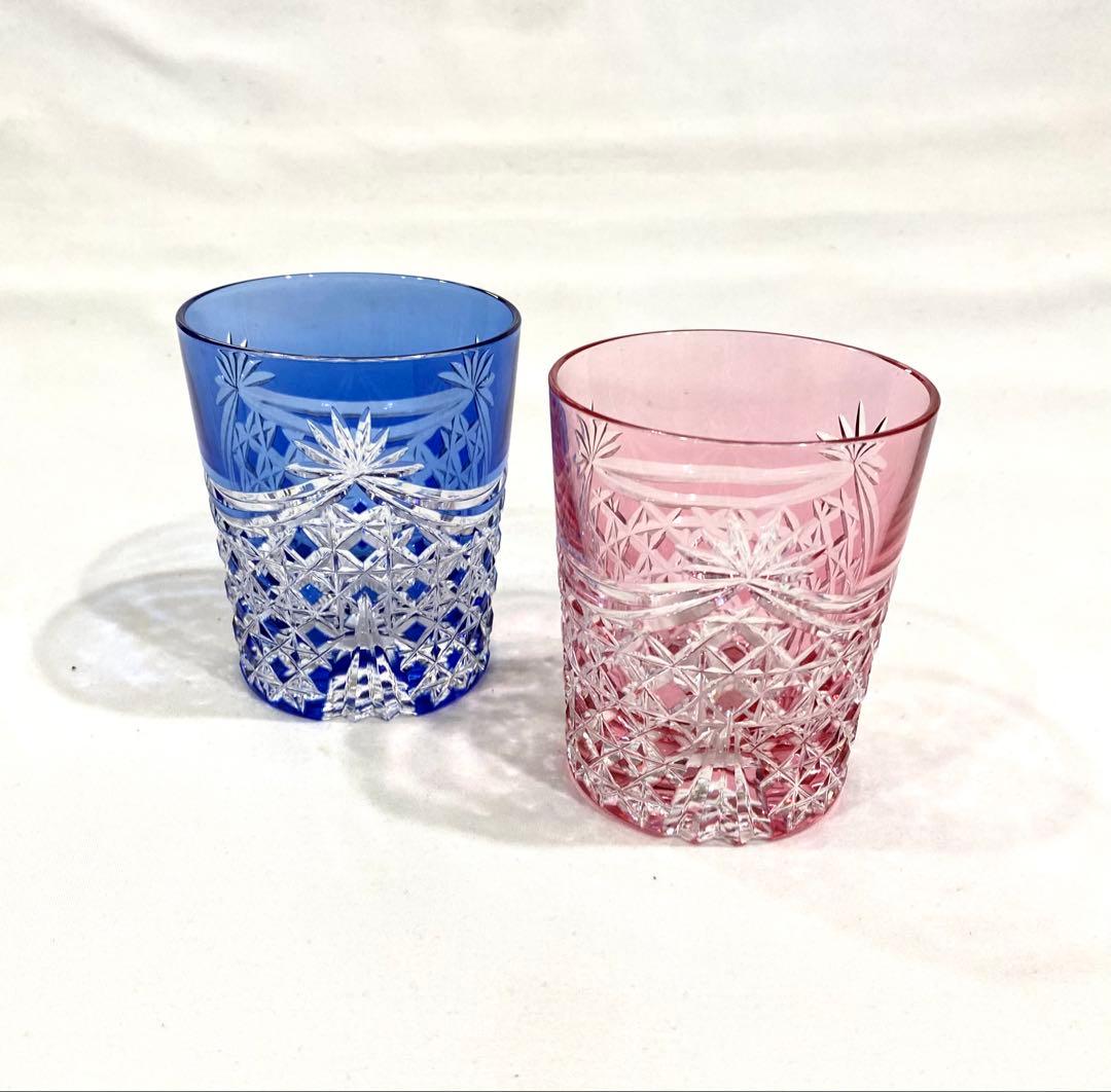 江戸切子／カガミクリスタルの重厚な　”幕襞に四角籠目紋”　ペアロックグラス