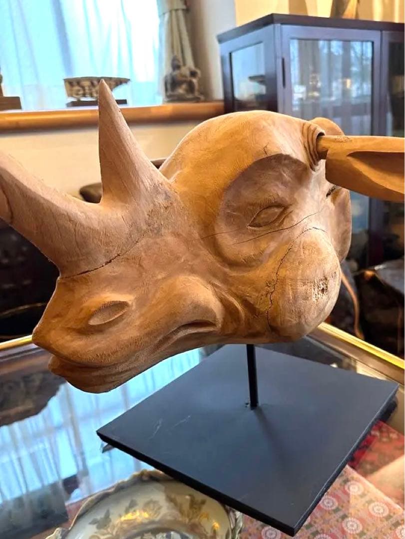 サイ　木彫　頭像　大型