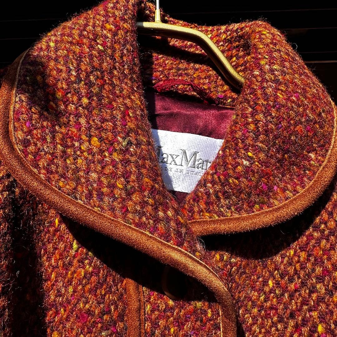 MAX MARAマックスマーラ38ツイードロングコート革パイピングベルト付美品