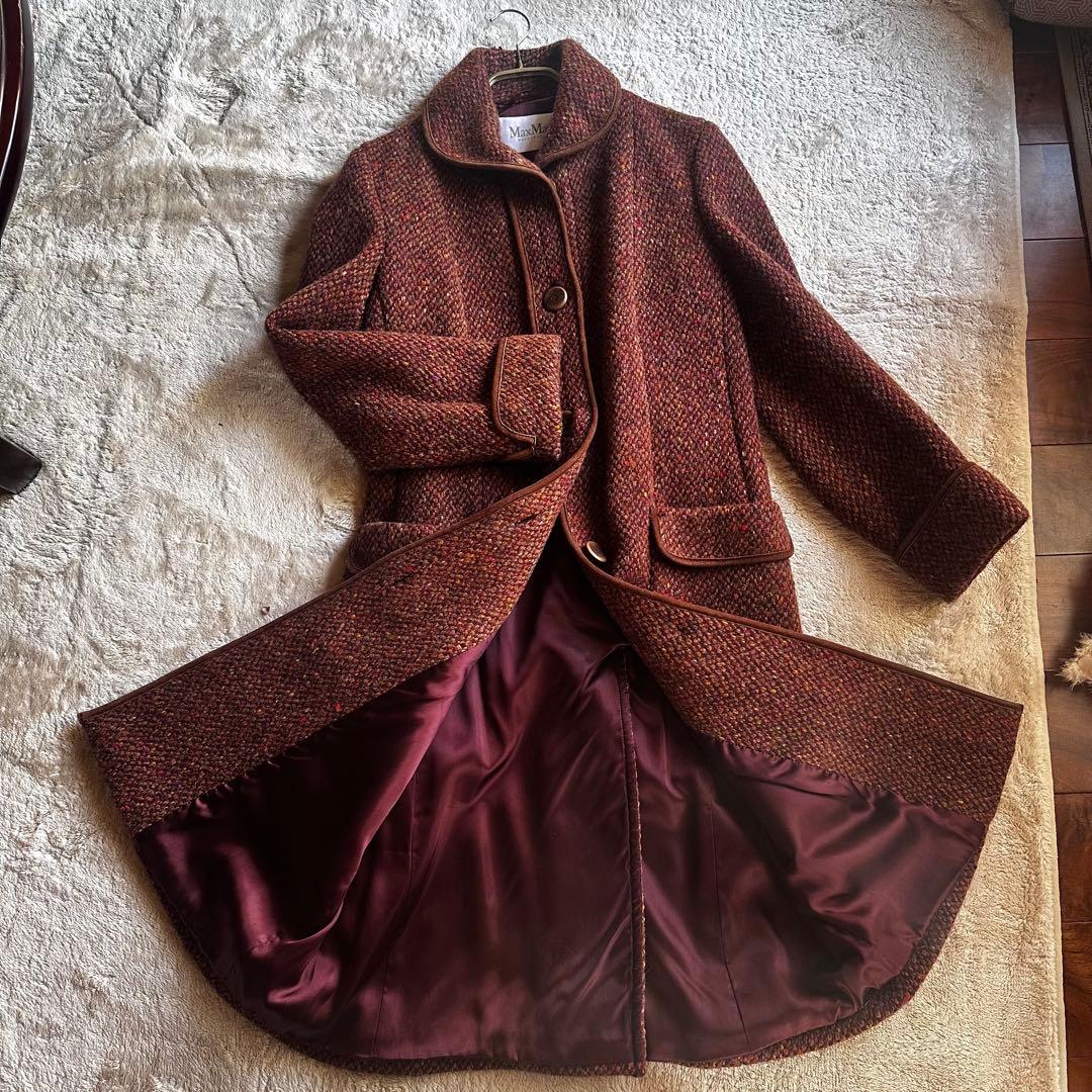 MAX MARAマックスマーラ38ツイードロングコート革パイピングベルト付美品