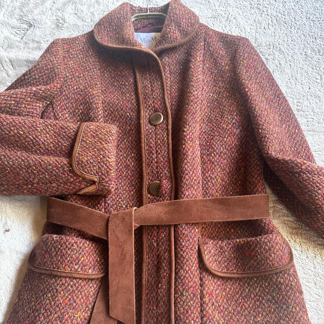MAX MARAマックスマーラ38ツイードロングコート革パイピングベルト付美品