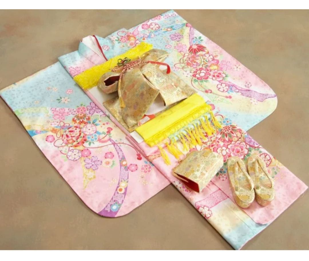 七五三着物 7歳 女の子 水色ピンク三色ぼかし染め金襴地友禅柄帯20点フルセット