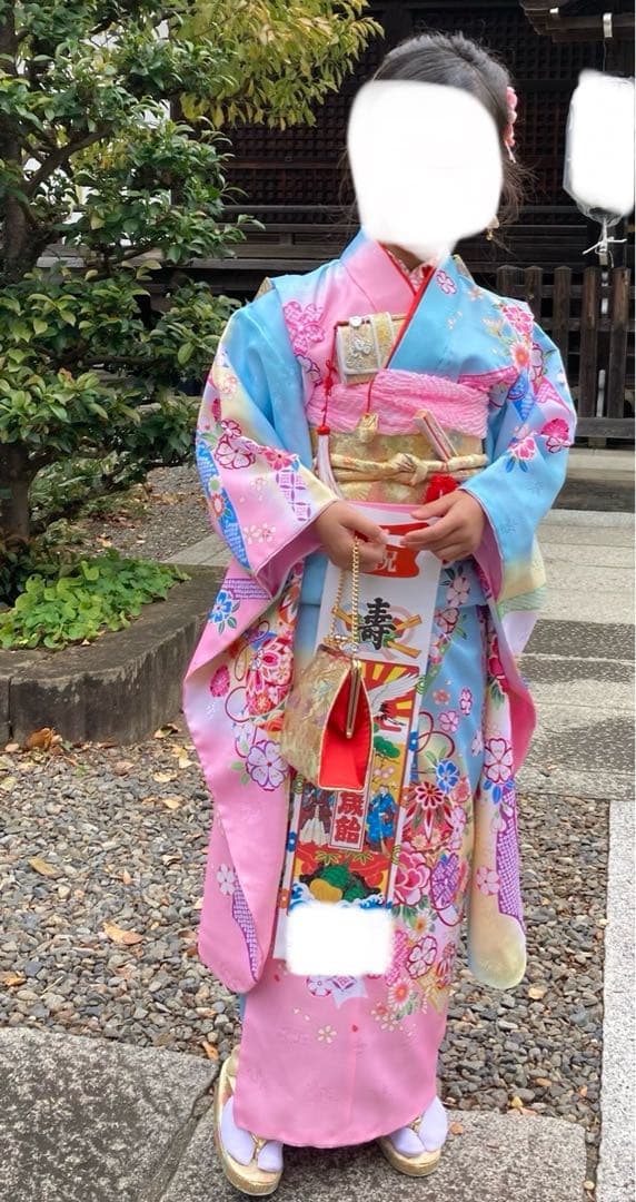 七五三着物 7歳 女の子 水色ピンク三色ぼかし染め金襴地友禅柄帯20点フルセット