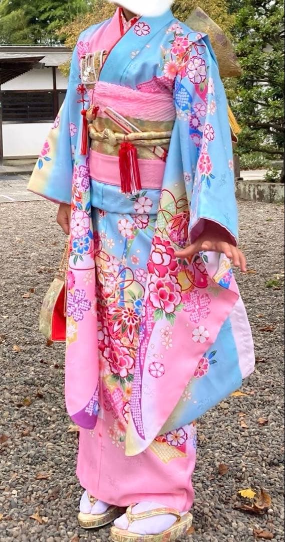 七五三着物 7歳 女の子 水色ピンク三色ぼかし染め金襴地友禅柄帯20点フルセット