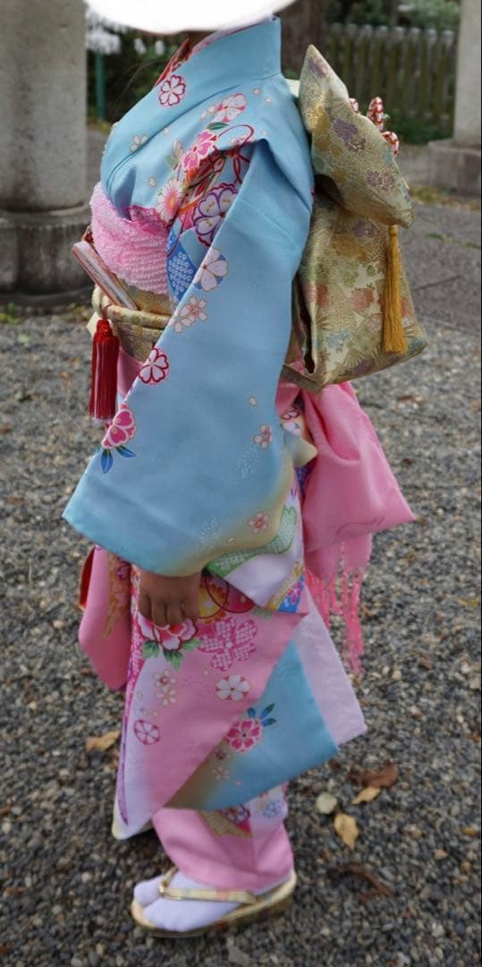 七五三着物 7歳 女の子 水色ピンク三色ぼかし染め金襴地友禅柄帯20点フルセット