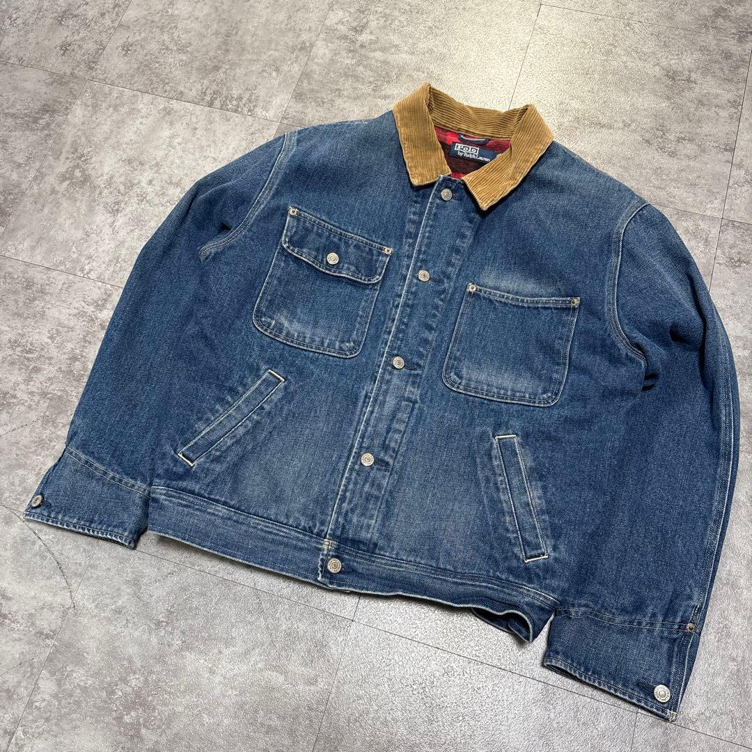 90s ラルフ　裏地赤ネル　XL 短丈ボックス　極上の色落ち　アタリ　襟コーズ