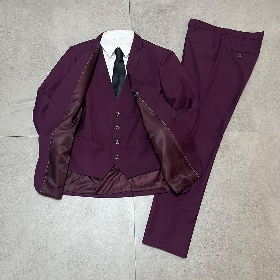 スリーピース　セットアップスーツ　パープル　高級感　成人式　二次会　レトロ　美品