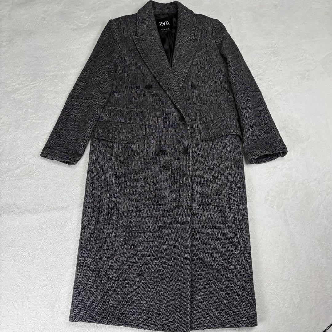 ZARA ヘリンボーン　ダブルブレスト ロングコート　チェスターコート