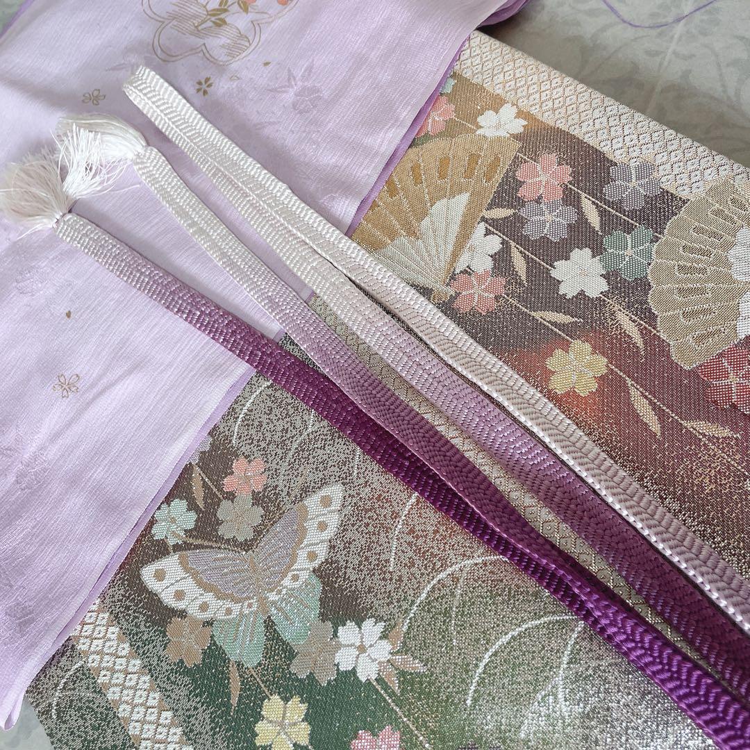 色無地　フルセット　紫　丸に剣片喰　シンプル　礼装　カジュアル　着物　I2