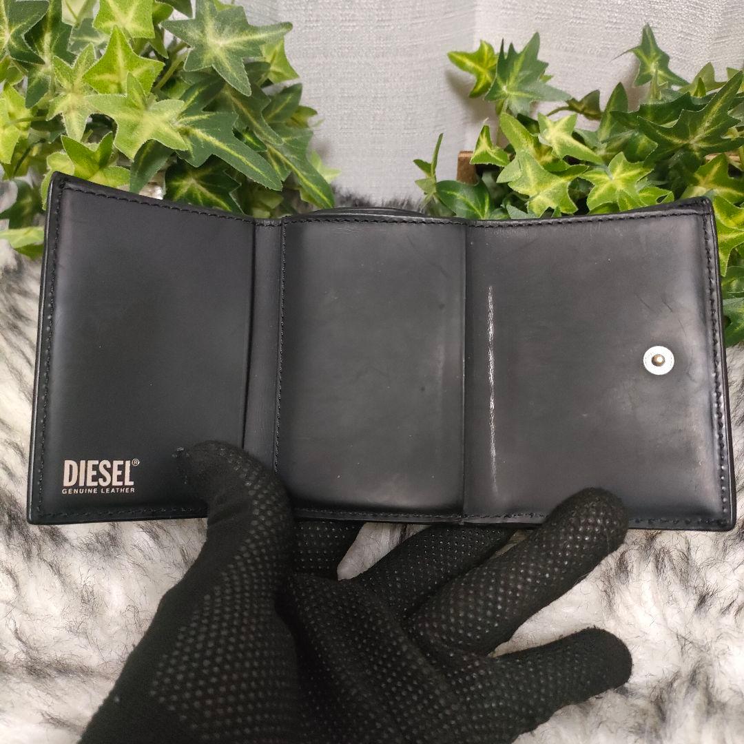 DIESEL 三つ折り財布 ブラック Dロゴ レザー ディーゼル 財布 黒革男女