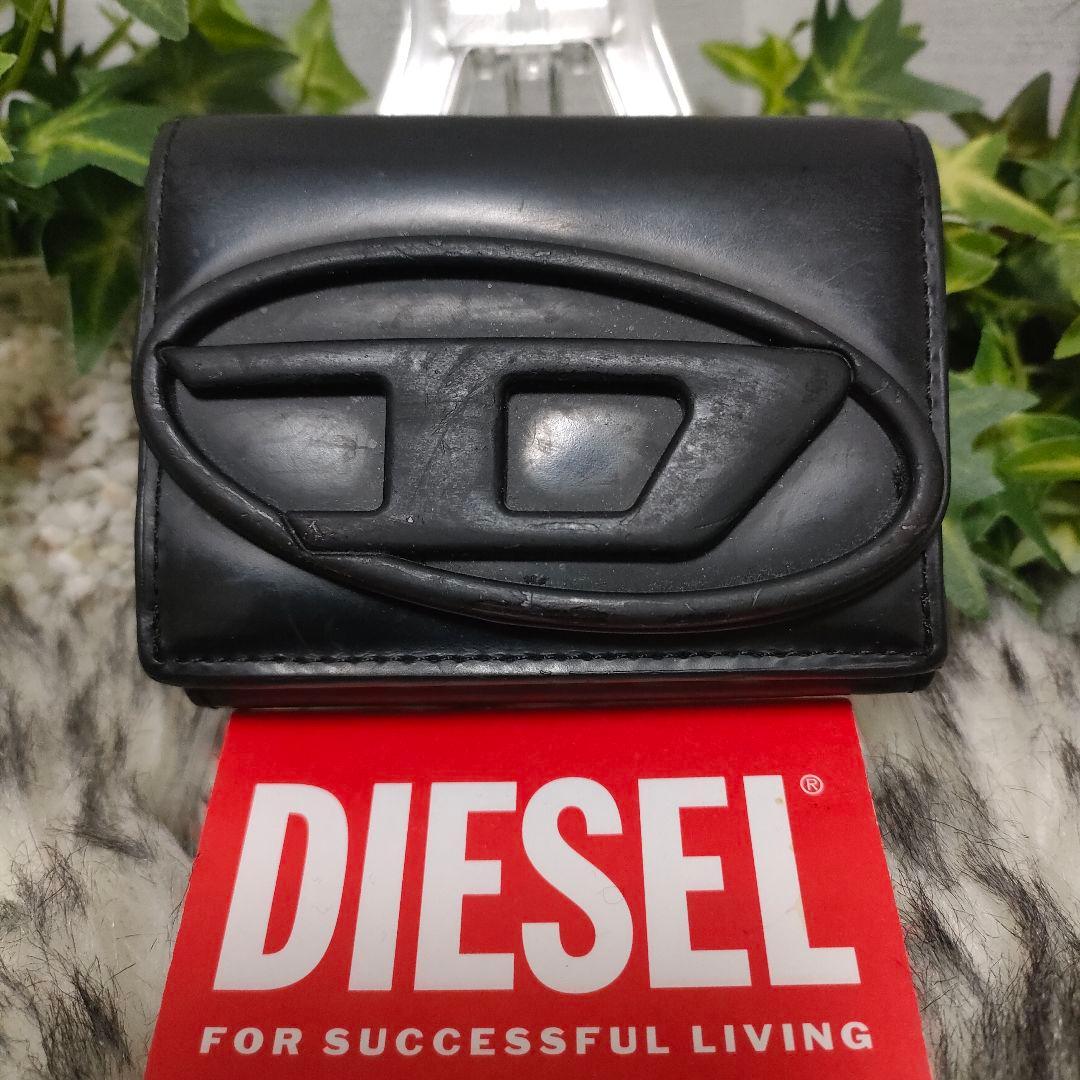 DIESEL 三つ折り財布 ブラック Dロゴ レザー ディーゼル 財布 黒革男女