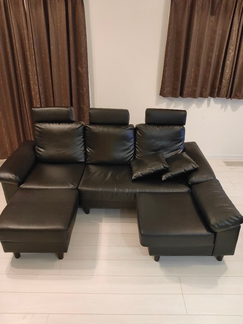 L字型黒ソファセット 合成皮革、引き取り限定