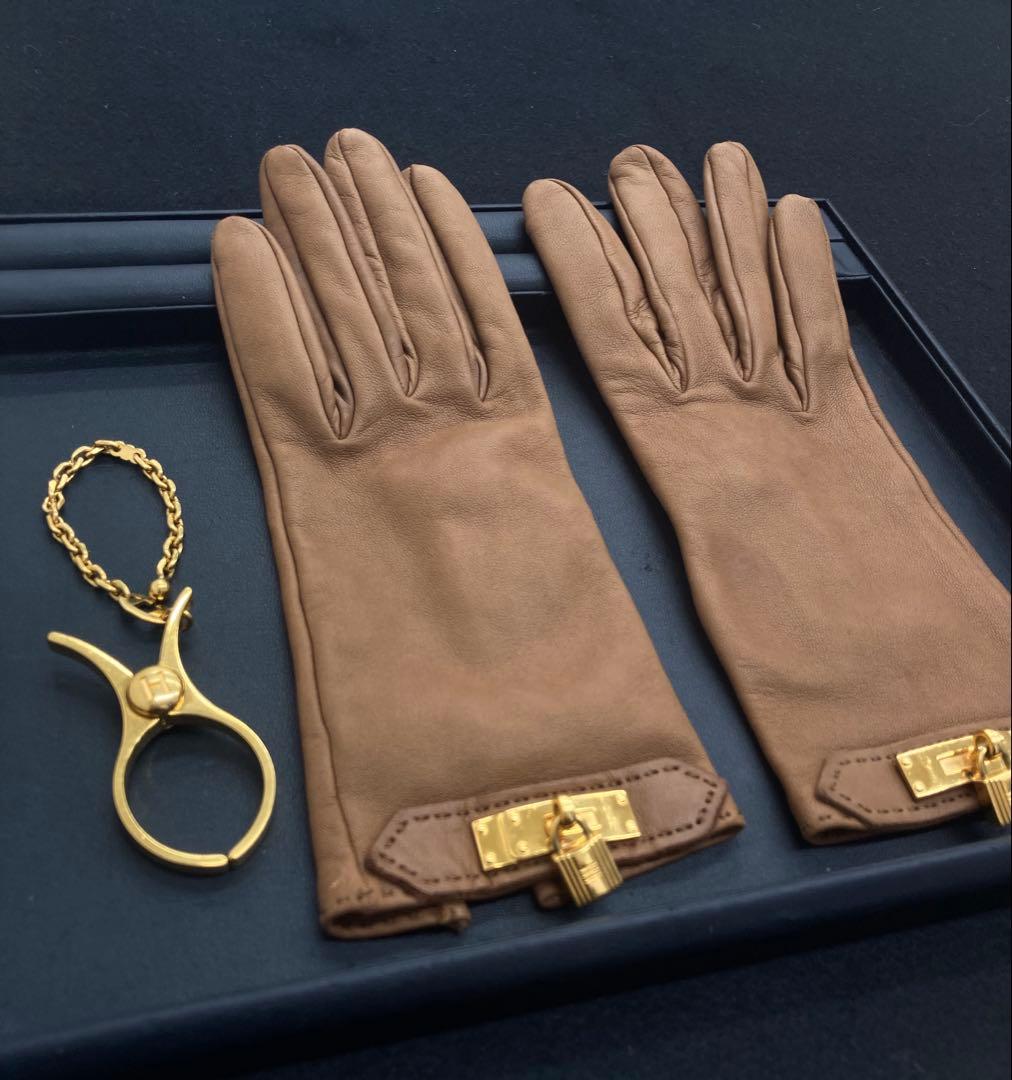 【極美品】エルメス ケリー 茶レザー グローブ×希少ゴールド金具 ホルダー 付き