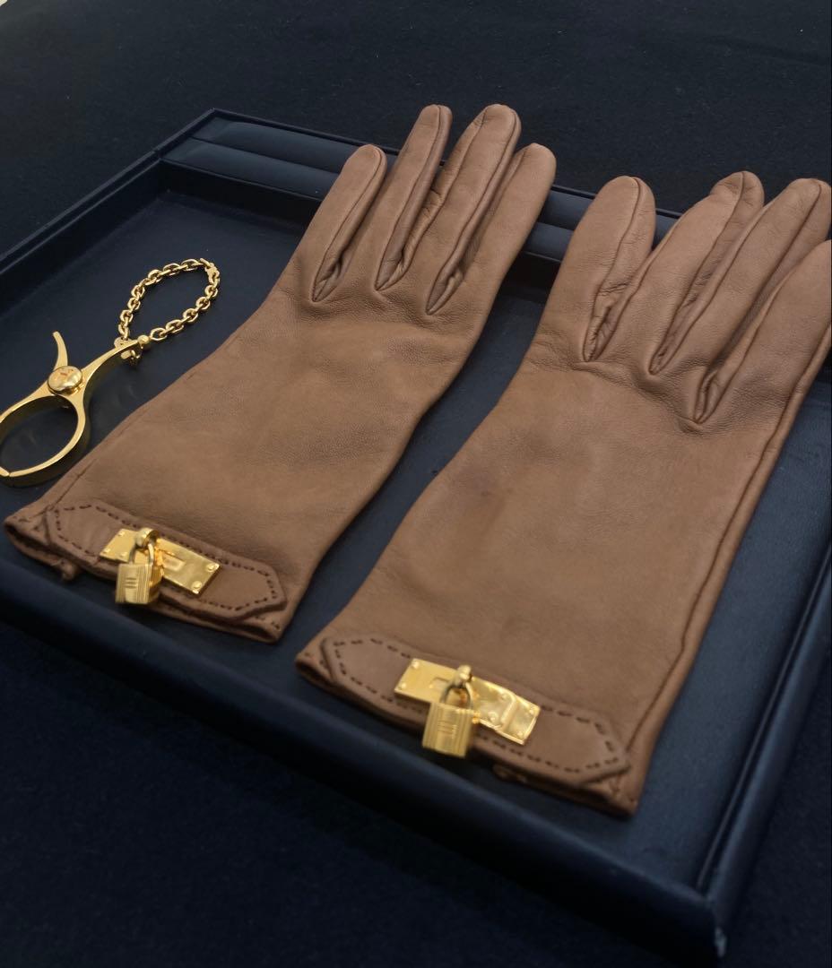 【極美品】エルメス ケリー 茶レザー グローブ×希少ゴールド金具 ホルダー 付き