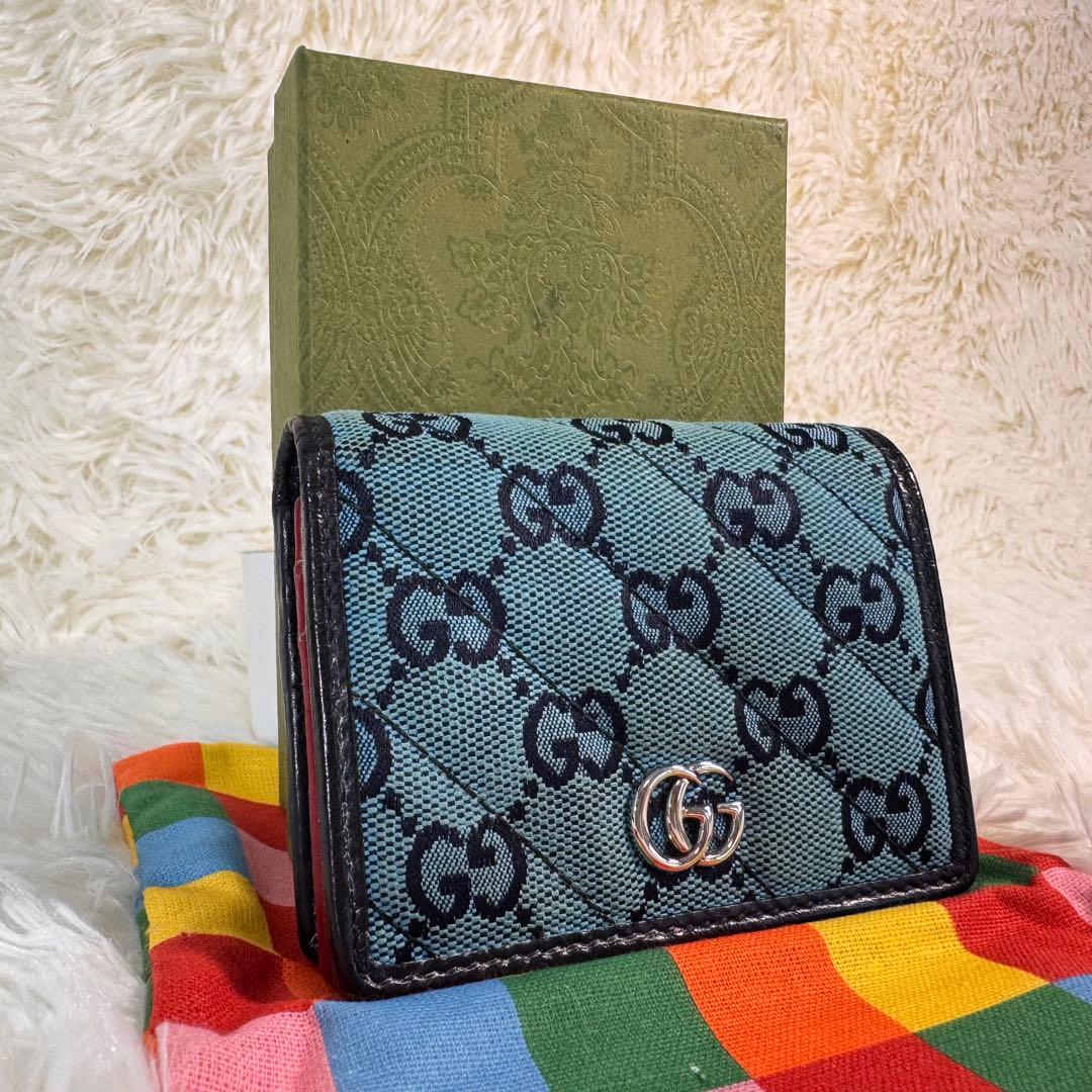 GUCCI グッチ 折り財布 青 キャンバス インターロッキング GGスプリーム