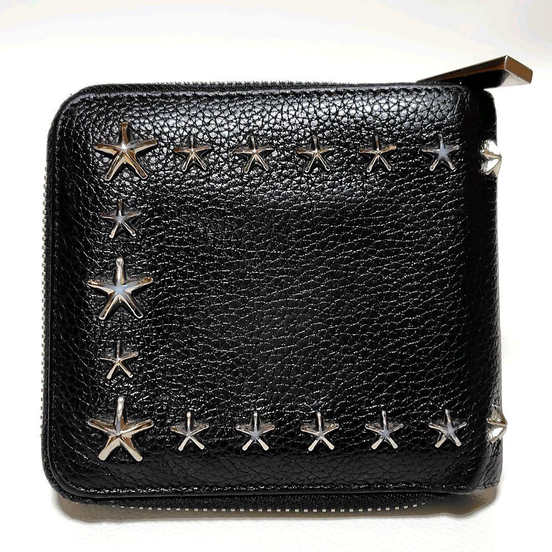 JIMMY CHOO　折り財布　黒　シボ革　ラウンドジップ　スタースタッズ