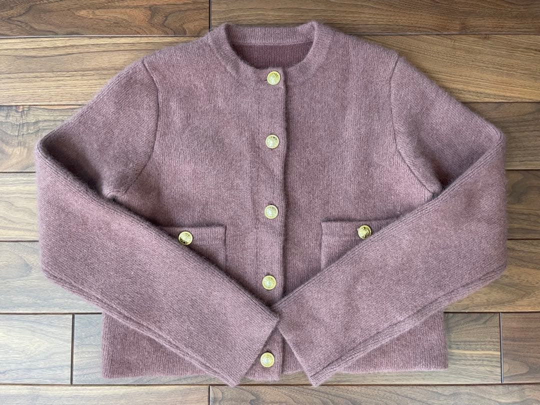 ラクーンブレンドノーカラーニットジャケット ダークピンク