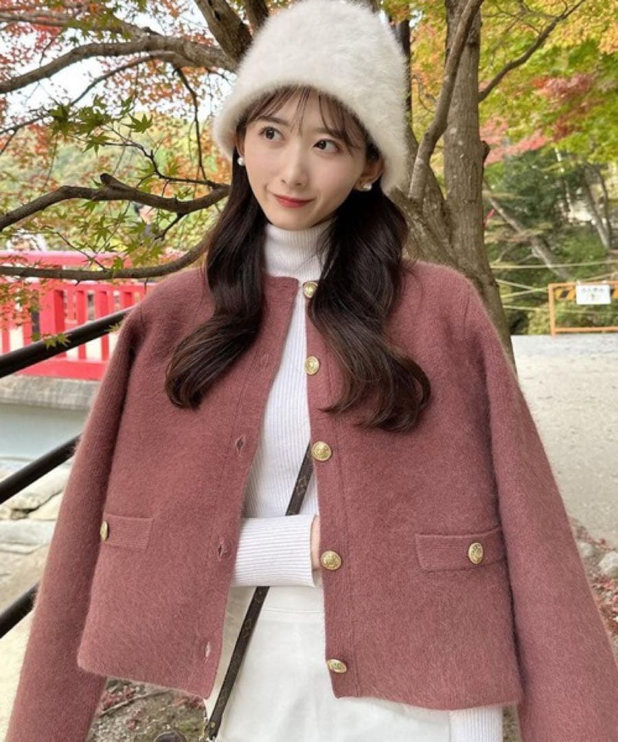 ラクーンブレンドノーカラーニットジャケット ダークピンク