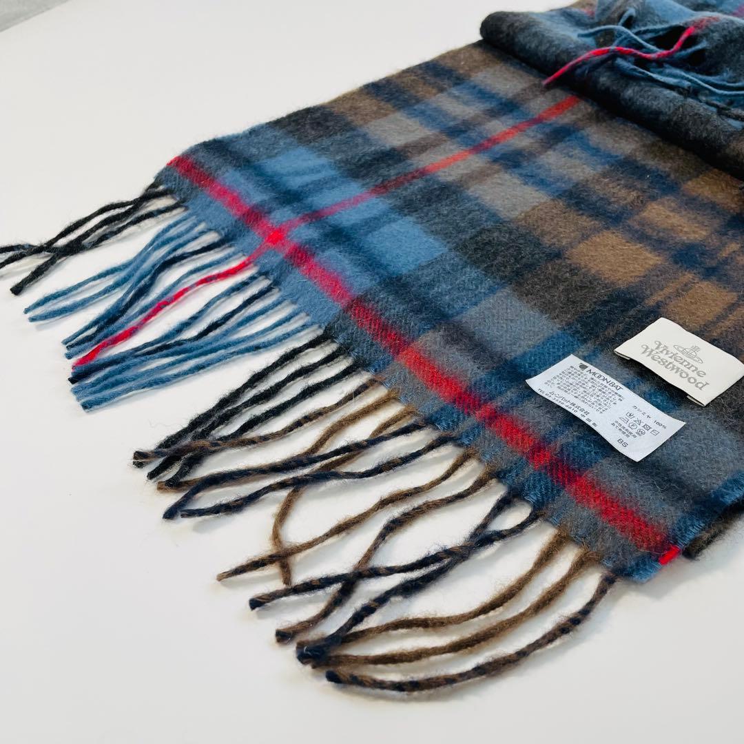 ヴィヴィアンウエストウッド チェック柄カシミヤマフラー オーブ刺繍入り