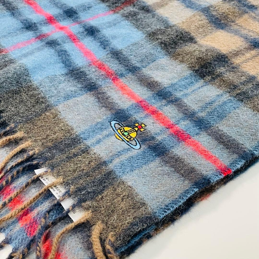 ヴィヴィアンウエストウッド チェック柄カシミヤマフラー オーブ刺繍入り