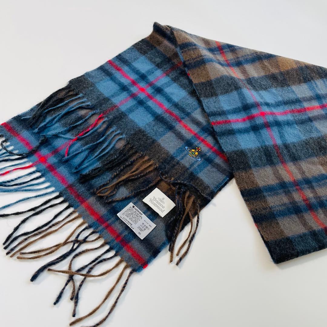 ヴィヴィアンウエストウッド チェック柄カシミヤマフラー オーブ刺繍入り
