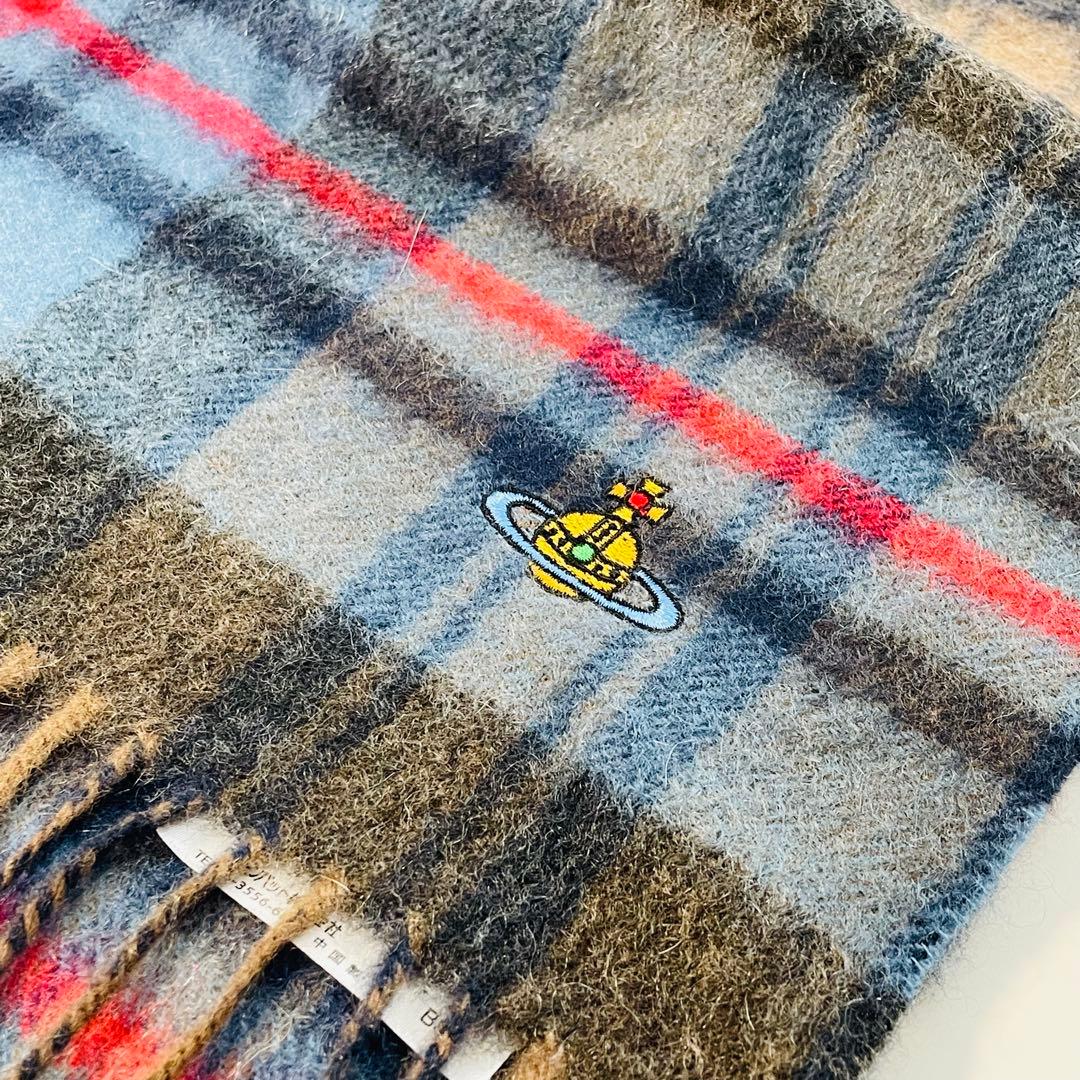 ヴィヴィアンウエストウッド チェック柄カシミヤマフラー オーブ刺繍入り