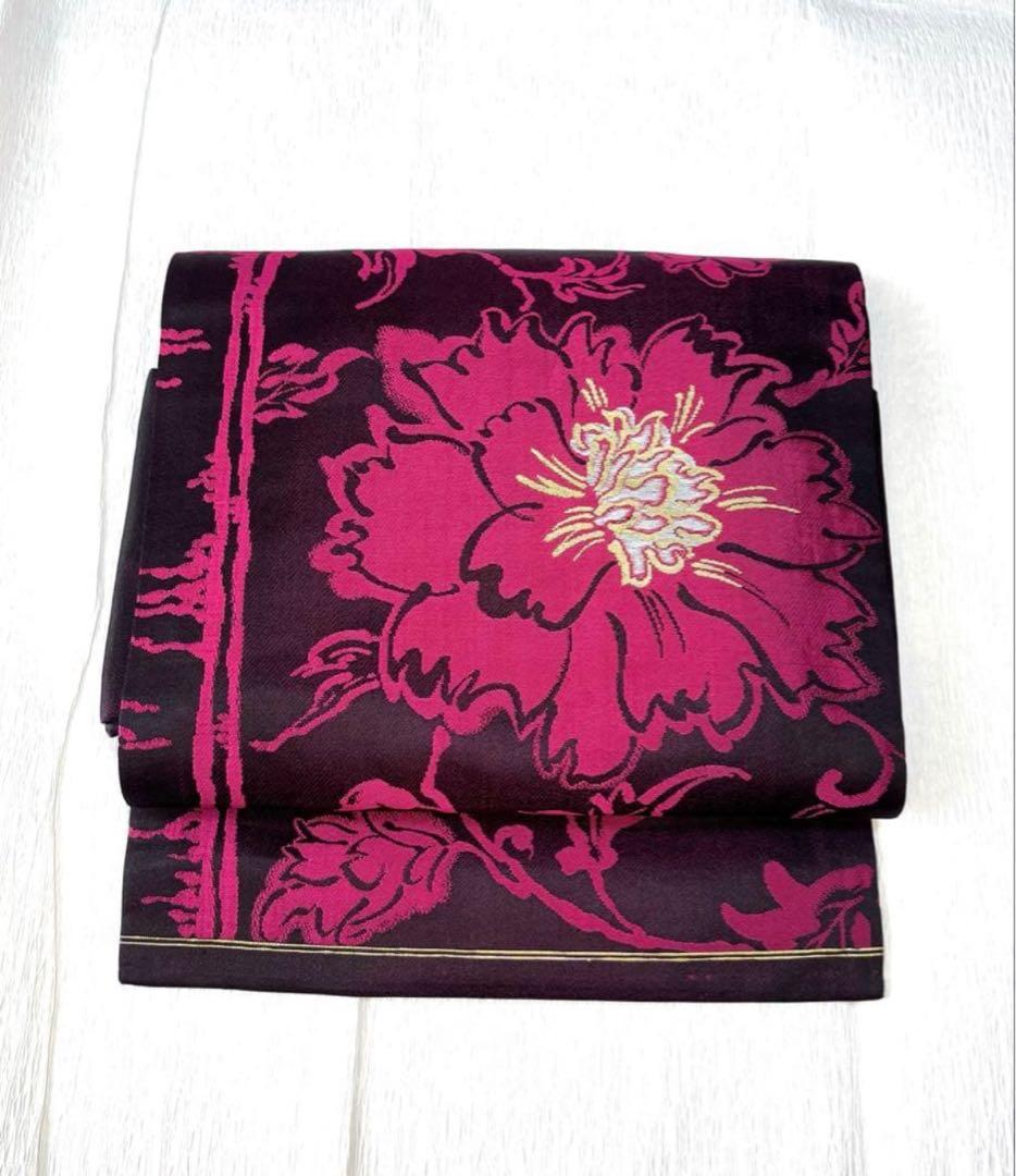 【超超美品】ほぼ新品 名古屋帯 大正ロマン アンティーク マゼンダ 花柄 正絹