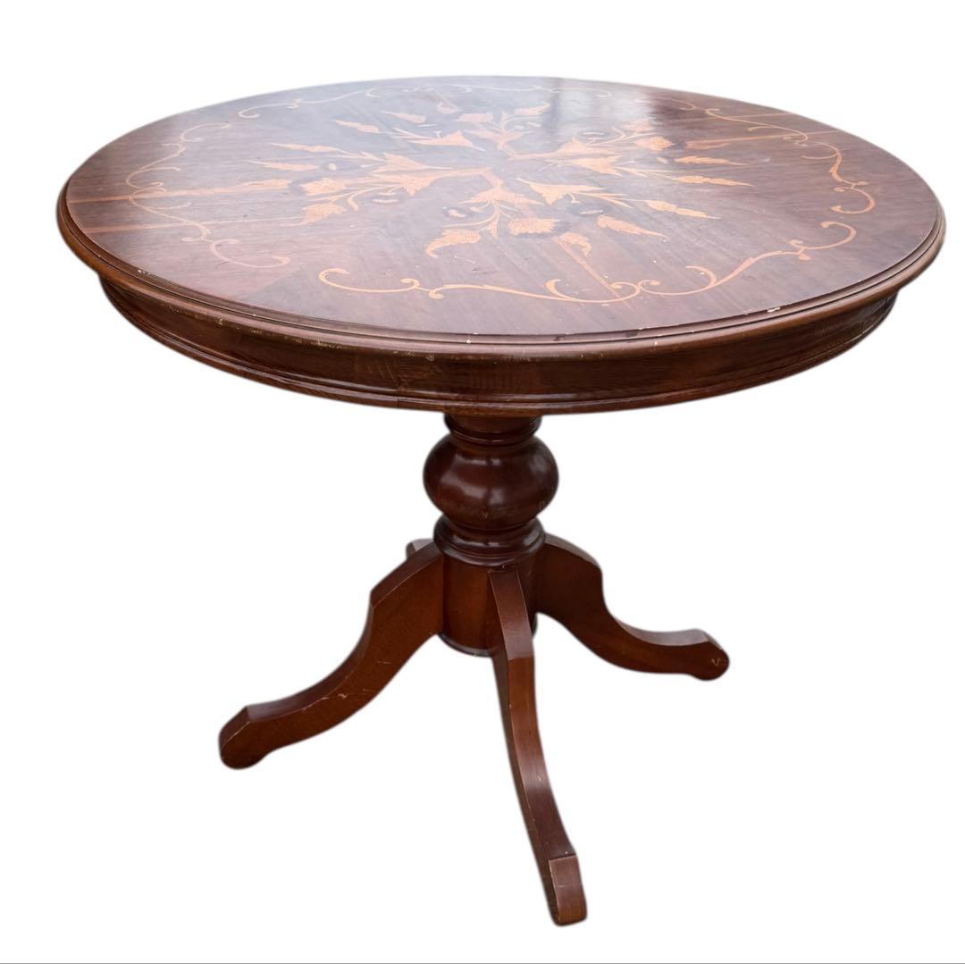 高級 イタリアアンティーク家具 象嵌細工 ダイニングテーブル80cm猫脚